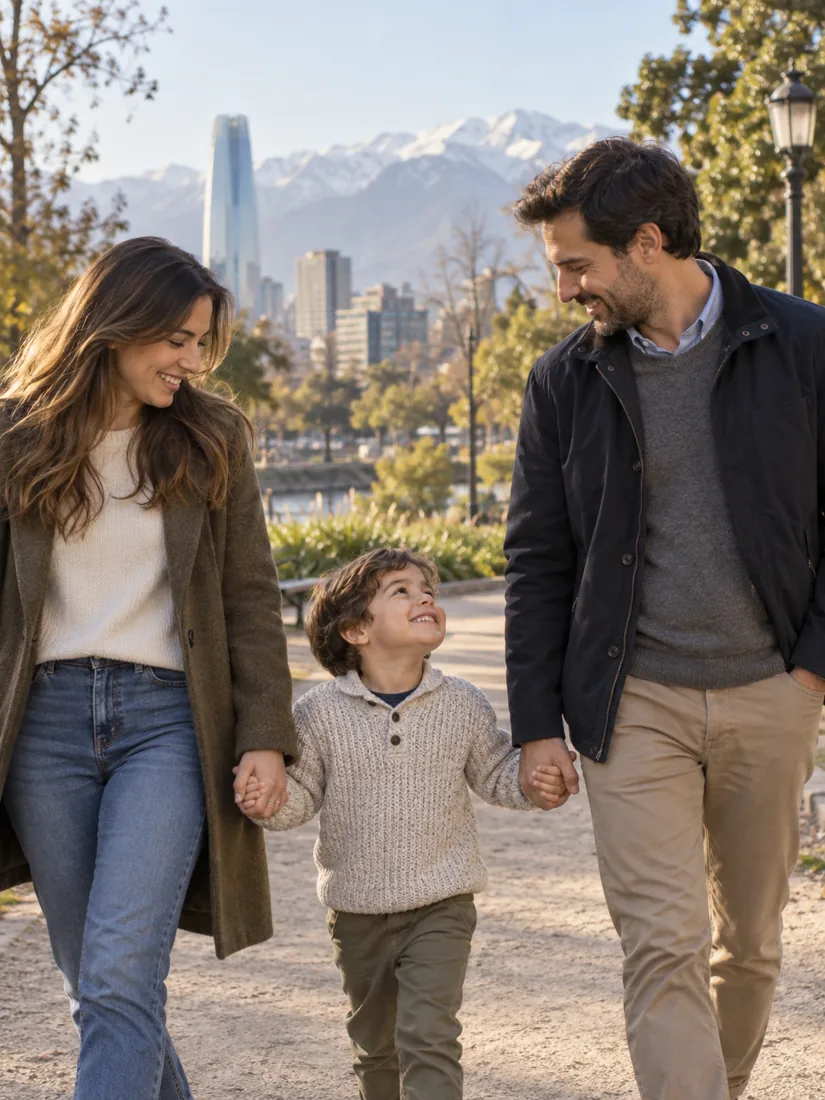 Familia camina junta en un parque